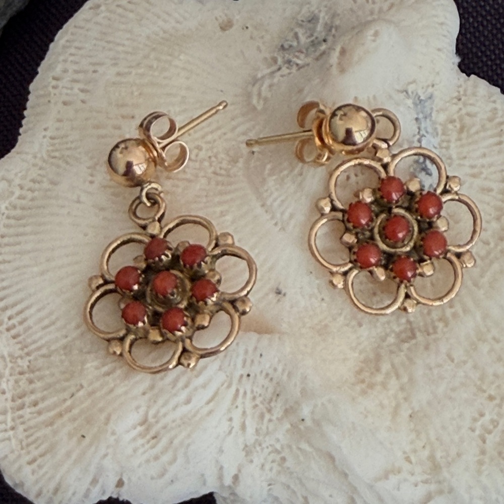 Vintage Zuni Native American Handcrafted 14K Red Coral Earrings - Picture 9 of 15
